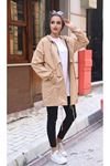 Kadın Kapşonlu Trend Cepli Oversize Uzun Bej Yağmurluk