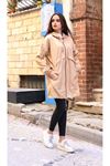 Kadın Kapşonlu Trend Cepli Oversize Uzun Bej Yağmurluk