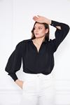 Kadın Trend Balon Kol Oversize Siyah Şık Bluz Gömlek