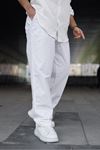 Erkek Trend Basic Bol Paça Beyaz Baggy Keten Pantolon