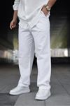 Erkek Trend Basic Bol Paça Beyaz Baggy Keten Pantolon