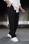 Erkek Trend Basic Bol Paça Siyah Baggy Keten Pantolon