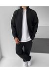 Erkek Çizgili Fermuarlı Sweatshirt Bol Eşofman Siyah İkili Takım