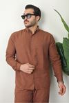 Erkek Trend Keten Gömlek Baggy Eşofman Kahve İkili Takım