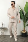 Erkek Trend Keten Gömlek Baggy Eşofman Krem İkili Takım