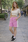Kadın Trend Premium Comfort Çizgili Pembe Şort