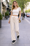 Kadın Trend Çizgili Bol Paça Krem Palazzo Pantolon