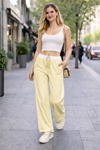 Kadın Trend Çizgili Bol Paça Sarı Palazzo Pantolon