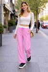 Kadın Trend Çizgili Bol Paça Pembe Palazzo Pantolon