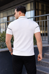 Erkek Günlük Çizgili Fermuarlı Triko Beyaz Polo Yaka Tişört