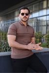 Erkek Günlük Çizgili Fermuarlı Triko S.Kahve Polo Yaka Tişört