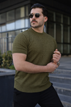 Erkek Premium Çizgili Yazlık Haki Dar Triko Tişört