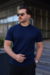 Erkek Premium Çizgili Yazlık Lacivert Dar Triko Tişört