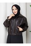 Kadın Trend Premium Mevsimlik Bomber Kahve Deri Ceket