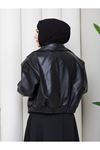 Kadın Trend Premium Mevsimlik Bomber Siyah Deri Ceket