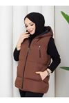 Kadın Fermuarlı Cepli Kapşonlu Kahve Şişme Yelek