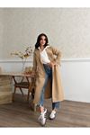 Kadın Klasik Cepli Kuşaklı Trend Midi Taba Trençkot