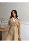 Kadın Klasik Cepli Kuşaklı Trend Midi Taba Trençkot