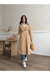 Kadın Klasik Cepli Kuşaklı Trend Midi Taba Trençkot