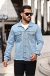 Erkek Trend Polo Yaka Slim Fit Denim Jeans Açık Mavi Kot Ceket