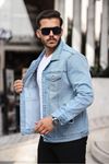 Erkek Trend Polo Yaka Slim Fit Denim Jeans Açık Mavi Kot Ceket
