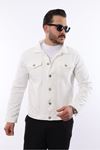 Erkek Trend Polo Yaka Slim Fit Denim Jeans Beyaz Kot Ceket