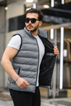 Erkek Kolsuz Fermuarlı Cepli Basic Füme Şişme Yelek