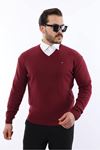 Erkek Trend V Yaka Günlük Bordo Triko Kazak