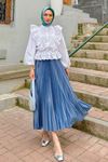 Kadın Basic Yüksek Bel Piliseli Bol İndigo Uzun Etek