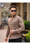 Erkek Slim Fit Cepli Basic Uzun Kol Camel Kot Gömlek