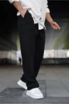 Erkek Trend Basic Bol Paça Siyah Baggy Keten Pantolon