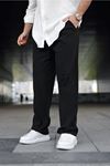 Erkek Trend Basic Bol Paça Siyah Baggy Keten Pantolon