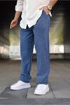 Erkek Trend Basic Bol Paça Mavi Baggy Keten Pantolon