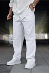 Erkek Trend Basic Bol Paça Beyaz Baggy Keten Pantolon