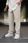 Erkek Trend Basic Bol Paça Krem Baggy Keten Pantolon