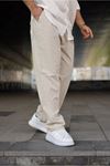 Erkek Trend Basic Bol Paça Krem Baggy Keten Pantolon