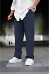 Erkek Trend Basic Bol Paça Lacivert Baggy Keten Pantolon