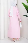 Kadın Boydan Düğmeli Pembe Çizgili Tesettür Gömlek Elbise