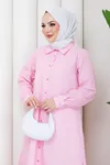 Kadın Boydan Düğmeli Pembe Çizgili Tesettür Gömlek Elbise