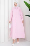 Kadın Boydan Düğmeli Pembe Çizgili Tesettür Gömlek Elbise