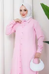 Kadın Boydan Düğmeli Pembe Çizgili Tesettür Gömlek Elbise