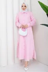 Kadın Boydan Düğmeli Pembe Çizgili Tesettür Gömlek Elbise