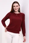 Kadın Bisiklet Yaka Dokulu Bordo Uzun Kollu Bluz