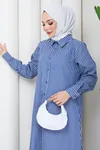 Kadın Boydan Düğmeli Lacivert Çizgili Tesettür Gömlek Elbise