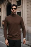 Erkek Kışlık Basic Slim Fit Uzun Kahve Kazak