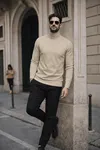 Erkek Kışlık Basic Slim Fit Uzun Krem Kazak
