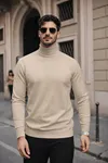 Erkek Kışlık Basic Slim Fit Uzun Krem Kazak