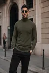 Erkek Kışlık Basic Slim Fit Uzun Haki Kazak