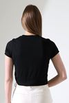 Kadın V Yaka Düğmeli Kısa Kol Siyah Crop Bluz