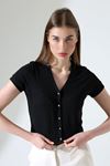 Kadın V Yaka Düğmeli Kısa Kol Siyah Crop Bluz